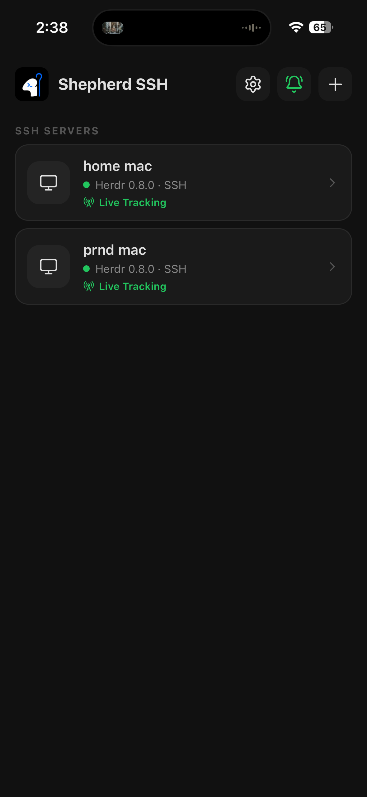 Shepherd SSH home screen showing two connected SSH servers with Live Tracking enabled